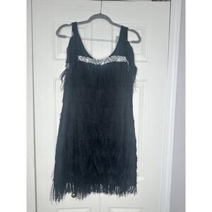 Black Fringe Short Flapper Dress With Sequin Accent Large